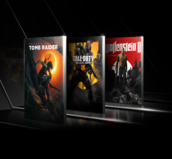 Tomb Raider Shadow of the Tomb Raider, Call of Duty Black Ops 4 and Wolfenstein product boxes lined, standing up facing angled to the left