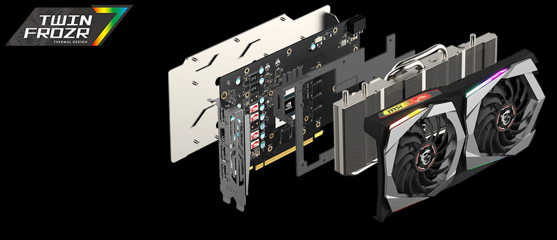 The GTX 1660 GAMING X 6G graphics card facing to the right with all its pieces detached and floating behind one another. The TWIN FROZR 7 logo is in the top-left of this image