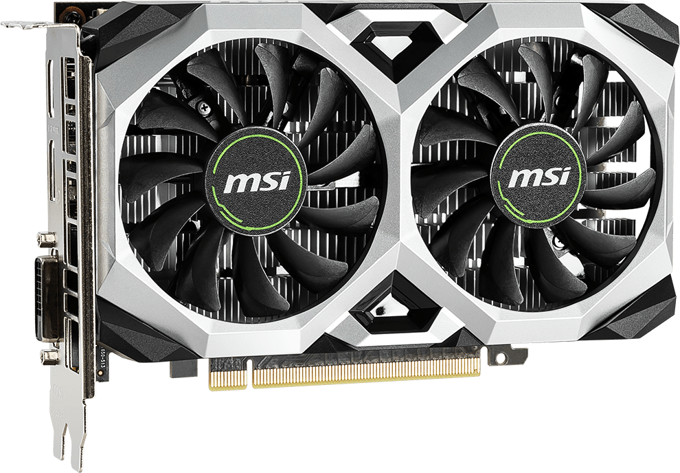 MSI GTX 1650 GAMING X 4G graphics card facing forward, angled slightly to the right