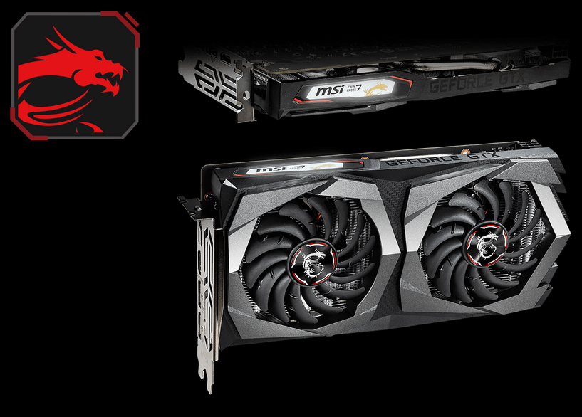 GTX 1650 GAMING X 4G graphics card, one shot shows the card facing forward, and another shot shows the card laying down showing its top