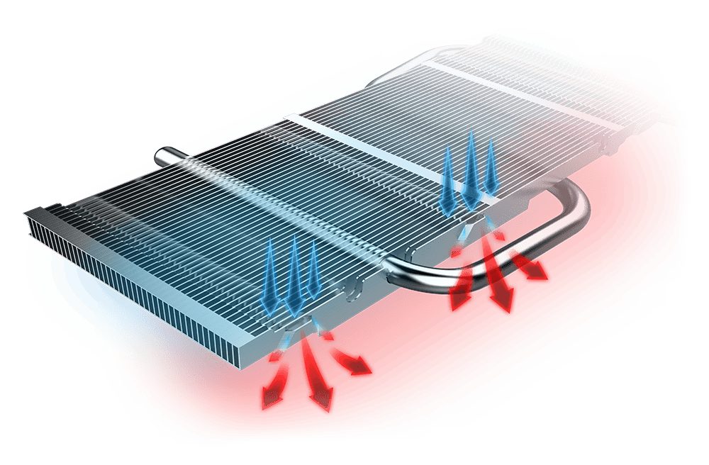 GTX 1650 GAMING X 4G's heatsink with blue and red graphics showing how cold air goes in and hot air comes out
