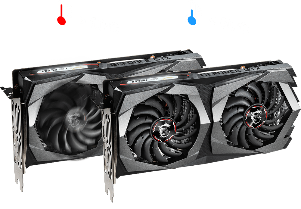 red thermometer graphic with text that reads: less than 60 degrees Celsius, and a blue thermometer graphic that reads less than 60 degrees. Below the thermometer graphics are two of the MSI GTX 1650 cards, the one in front's fans are not moving while the one behind has its fans moving