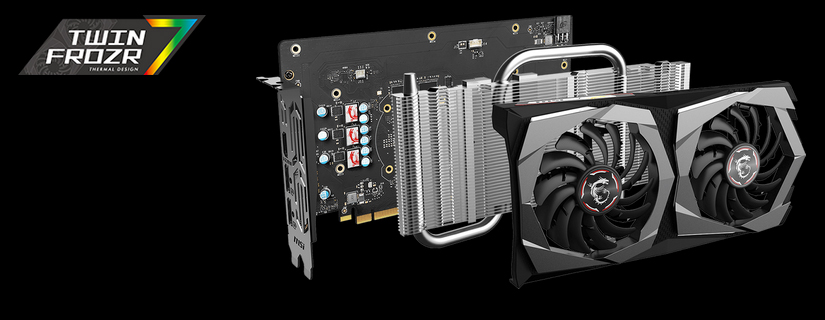 GTX 1650 GAMING X 4G graphics card angled to the right with all its working parts removed and floating behind one another. The Twin FROZR 7 logo is on the left side