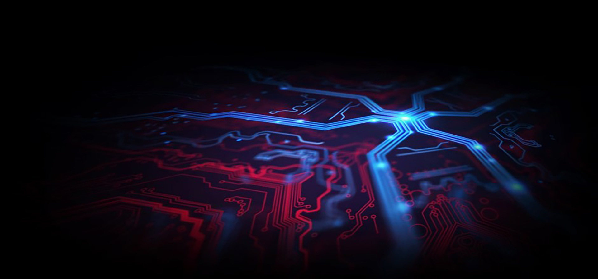 Circuitry graphic in blue and red