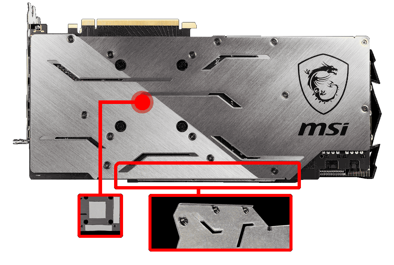 Back of the MSI GeForce RTX 2070 Graphics Card Floating Horizontally with hotspots and red graphics pointing out the thermal pads