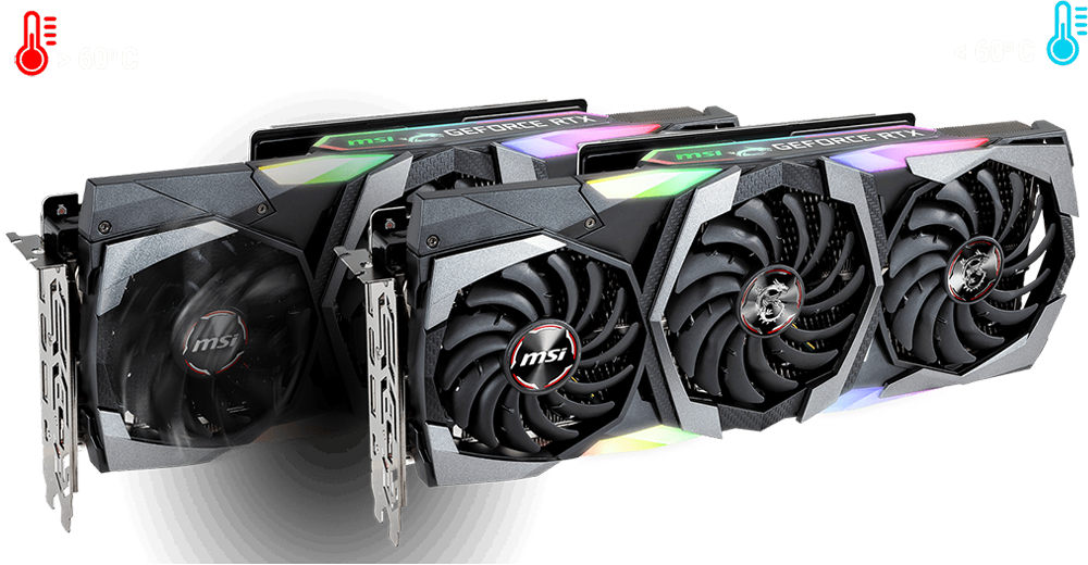 Two MSI GeForce RTX 2070 Graphics Cards Lying Horizontally, Angled to the Right with One in Front of the Other. The Back Graphics Card Has Its Fans Spinning To the top left of the graphics card is a red thermometer graphic with text that reads: greater than 60 degrees Celsius, and the top right has a blue thermometer graphic with text that reads: Less than 60 degrees Celsius