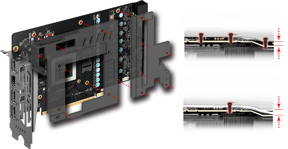 MSI GeForce RTX 2070 Graphics Card Angled to the Right with Transparent Graphics of the Heatsink over the chipset, to the right of this are two images showing how the screws going in tightly