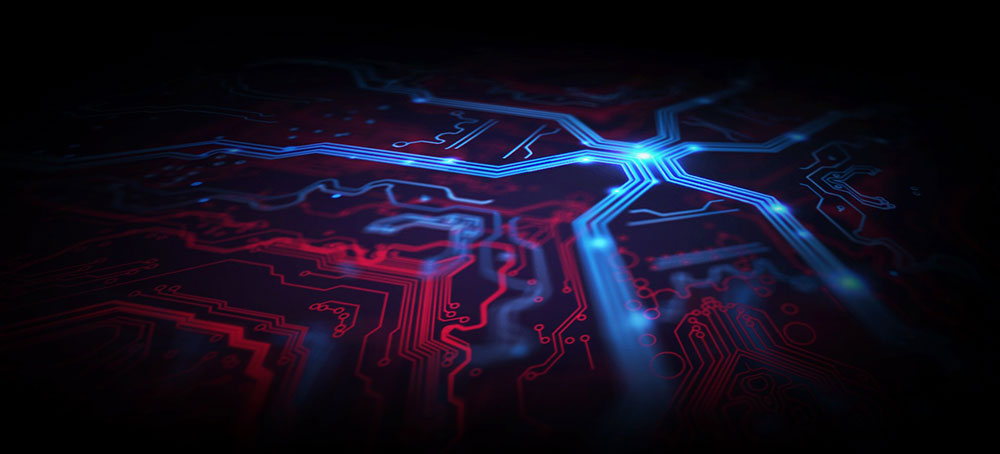Circuitry graphic in blue and red