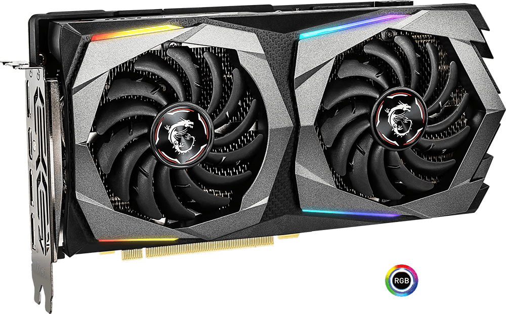 MSI GEForce RTX 2060 Graphics Card Facing Forward Horizontally next to the RGB Mystic Light Badge