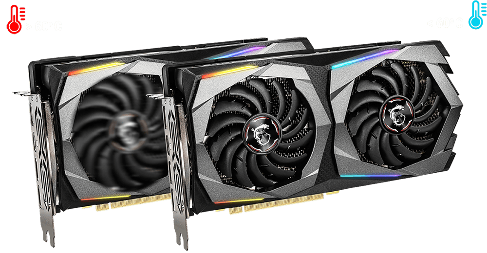 Two MSI GeForce RTX 2070 Graphics Cards Lying Horizontally, Angled to the Right with One in Front of the Other. The Back Graphics Card Has Its Fans Spinning To the top left of the graphics card is a red thermometer graphic with text that reads: greater than 60 degrees Celsius, and the top right has a blue thermometer graphic with text that reads: Less than 60 degrees Celsius