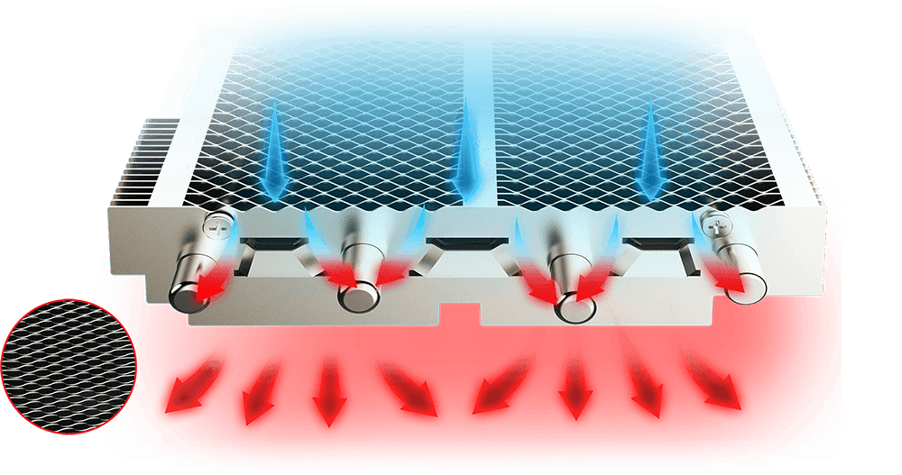 MSI GeForce RTX 2070 Graphics Card's Heatsink Removed with blue arrows coming in and red arrows going out