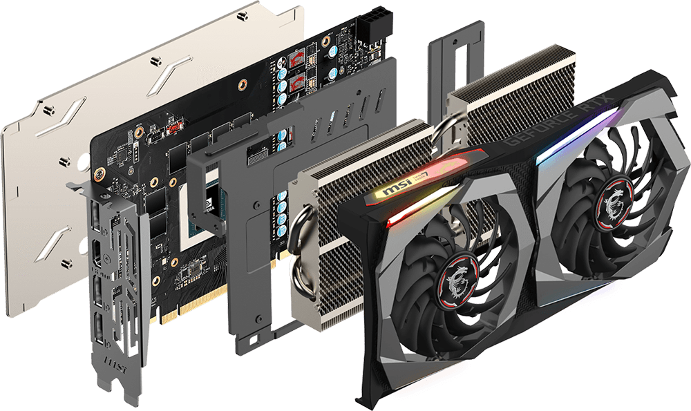 MSI GEForce RTX 2060 Graphics Card Angled Down to the Right with All Its Pieces Removed, Floating Behind One Another