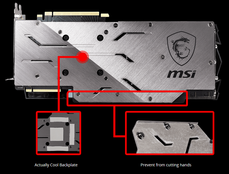 Back of the MSI RTX 2080 Super Gaming X TRIO Graphics Card with Graphics Pinpointing Closeups of the Cool Backpalte and Dulled Edges That Prevent from Cutting Your Hands