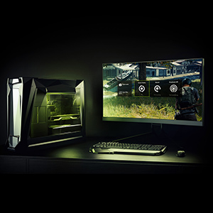 A Gaming Desktop PC, Keyboard, Mouse and Monitor Showing Gameplay and the GeForce Experience Overlay