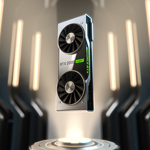 A RTX 2080 Graphics Card Standing Up Vertically, Floating in a Sci-Fi-Like Hall
