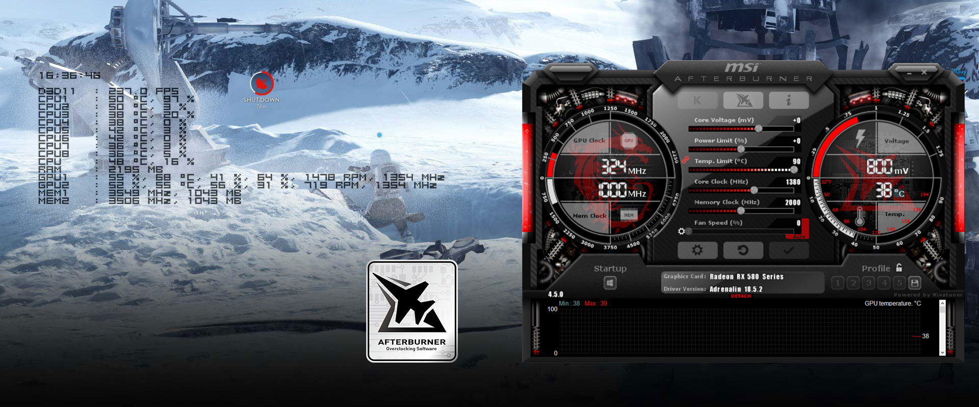  Screenshot of Afterburner, next to it on the left is the logo of Afterburner. The background is snowy mountain areas where solider are patrolling 