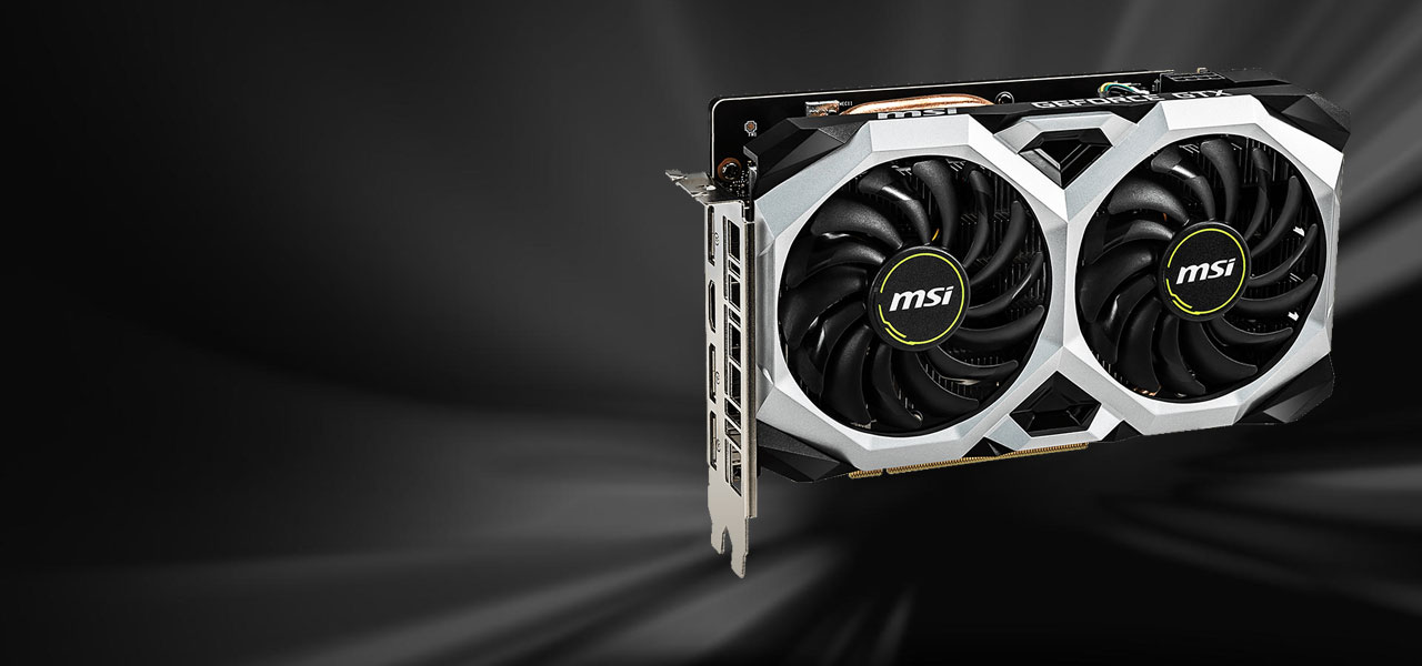  Front angle view of this MSI graphics card, revealing its video ouputs 