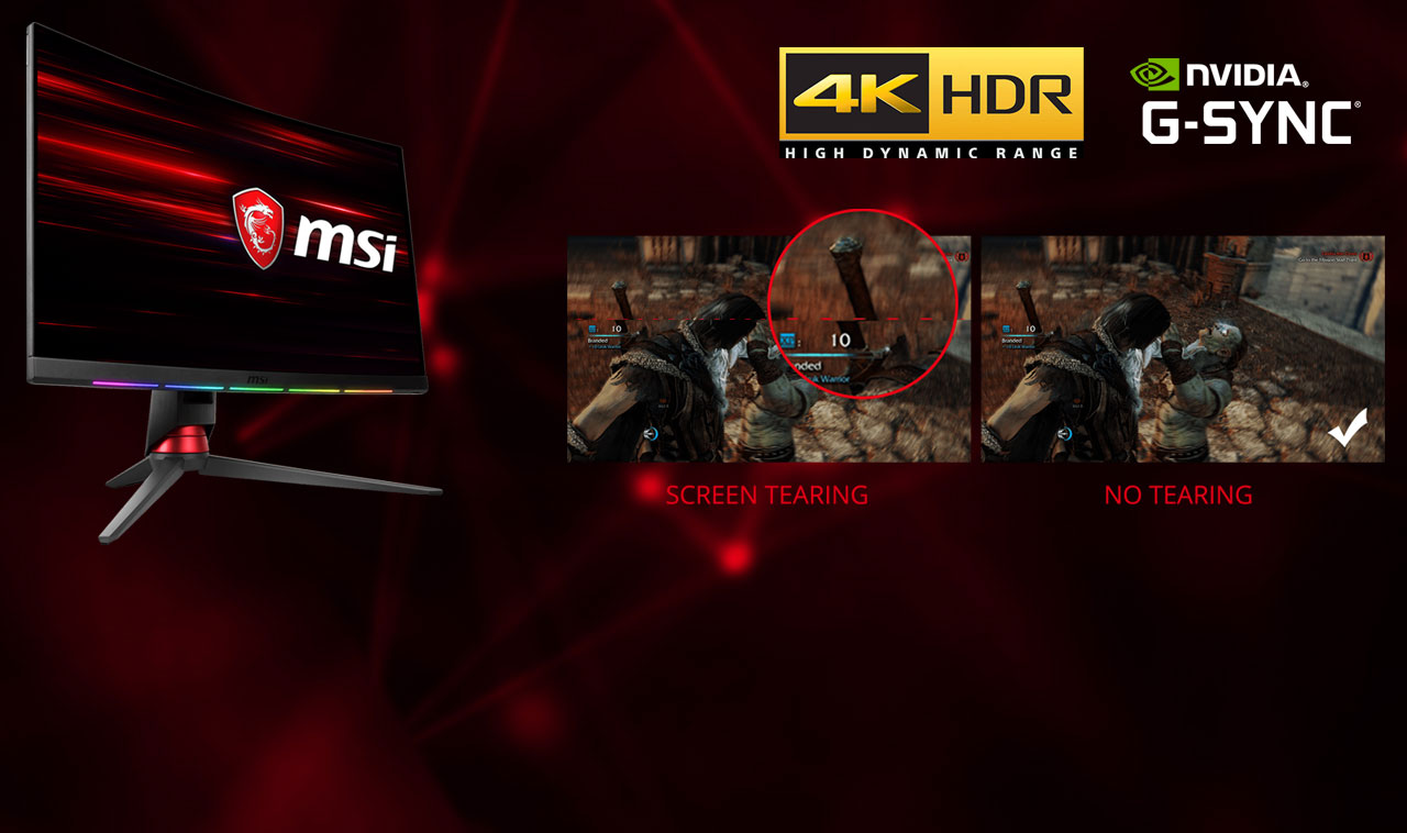  On the left part of this picture is a MSI gaming monitor on the left. On the right is a comparison between screen tearing and no tearing. At the top right are 4K HDR logo and NVIDIA G-Sync logo 