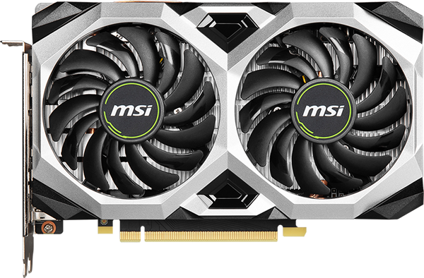 Front view of the MSI GeForce GTX 1660 SUPER VENTUS XS OC in standing position 