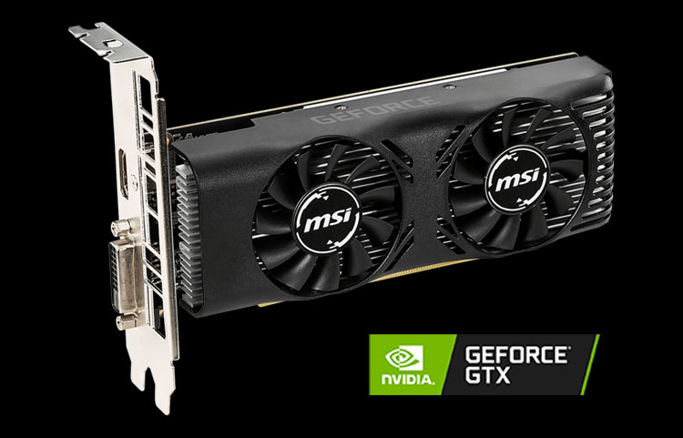 MSI GeForce GTX 1650 4GT LP OC video card angled to right