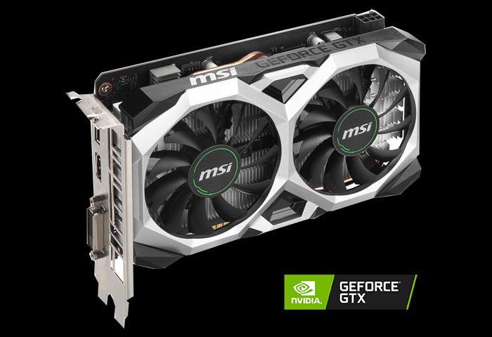 MSI GeForce GTX 1650 SUPER VENTUS XS OC video card angled to right with a NVIDIA RTX logo