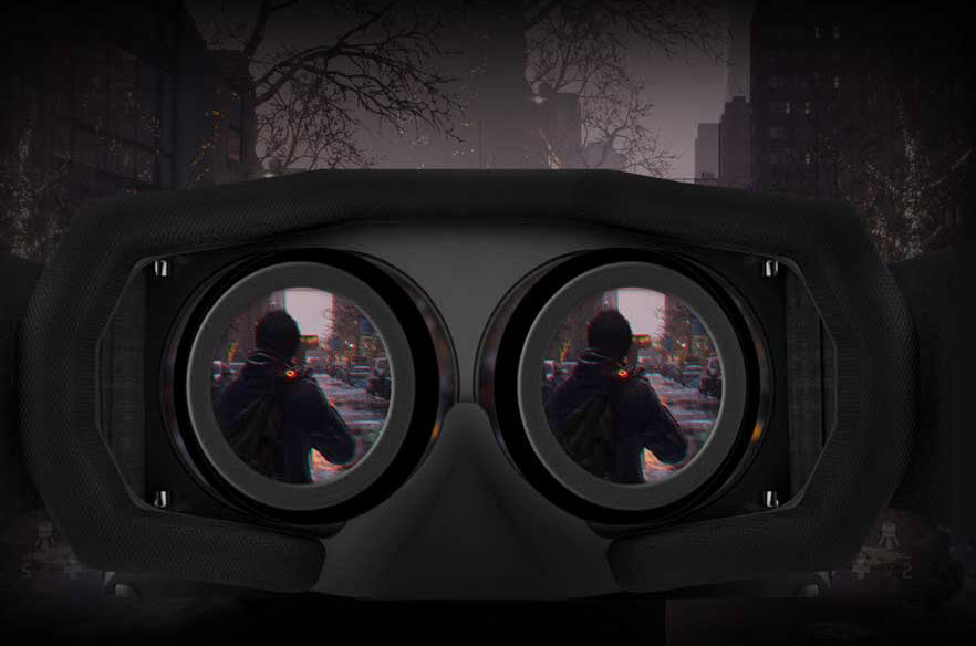 a VR headset showing a man shooting in a game
