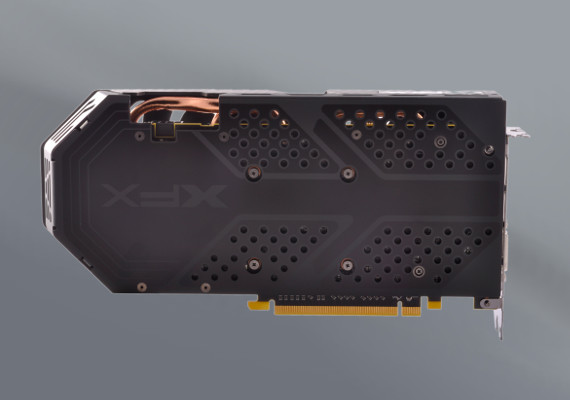 The XFX Radeon RX 590 graphics card facing away from the viewer