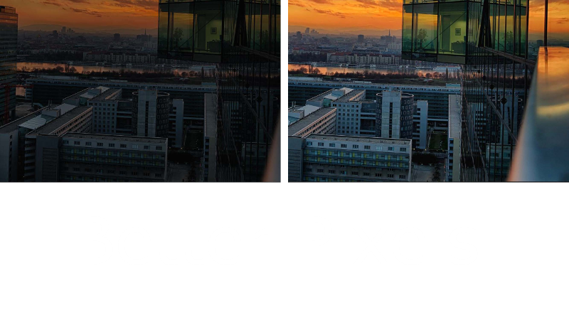 Side-by-side images of an in-game city, the left image is darker while the right image is brighter and more detailed
