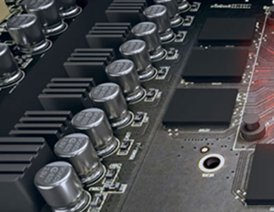  Top view of power delivery zone of this graphics card, showing capacitors, chokes and more  
