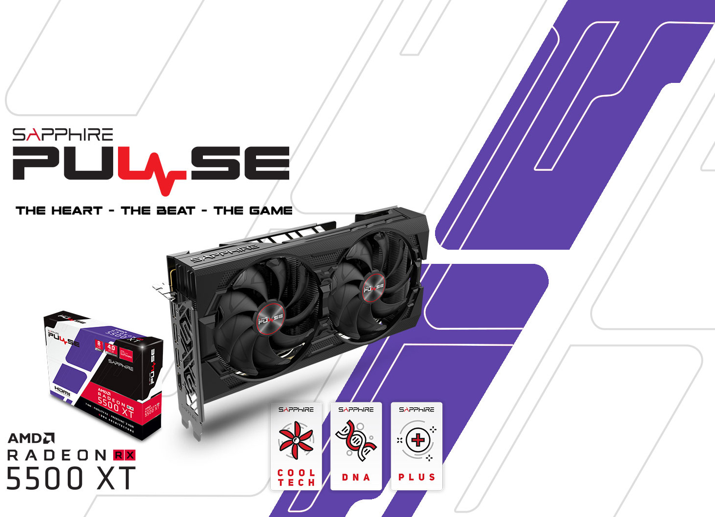 Sapphire Tech logo and SAPPHIRE PULSE Radeon RX 5500 XT DirectX Special Edition side view and packing box