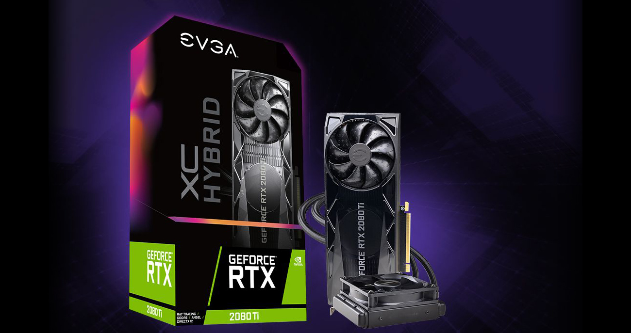EVGA Geforce 2080 ti graphics card standing up next to its product box