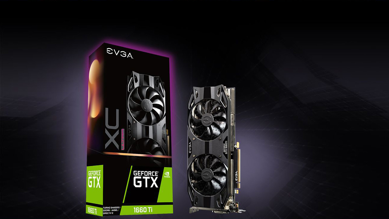 The EVGA GTX 1660 Ti standing up next to its product box