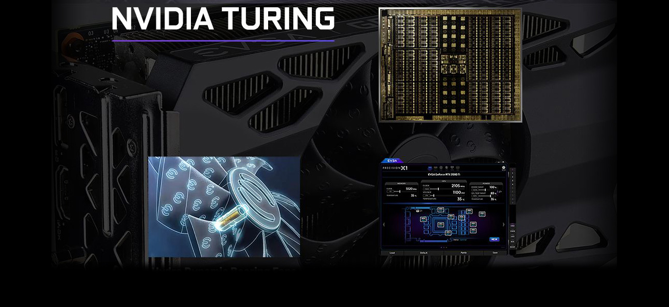 NVIDIA TURING banner showing the chipset architecture, a diagram of the fan's structure and a graphical UI of the customizing software