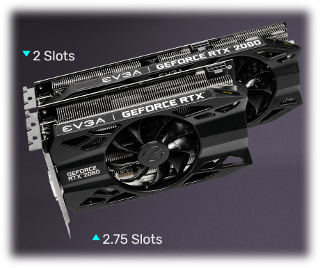 Two graphics card stacked on top of each other, facing down. The top card is larger and features text that says 2 slots, while the smaller bottom card has text that reads 2.75 slots