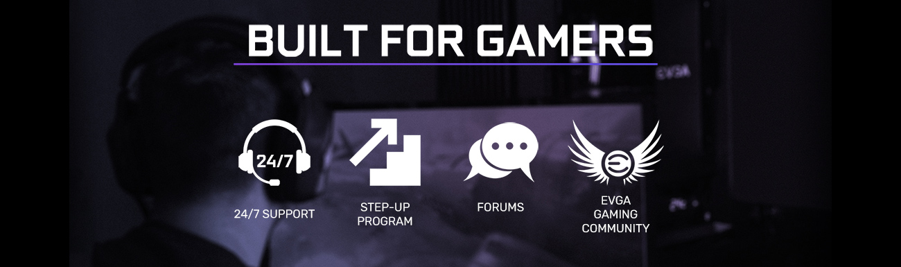 Text that reads: BUILT FOR GAMERS. There are also four icons below for 24/7 support, Step-Up Program, Forums and EVGA Gaming Community