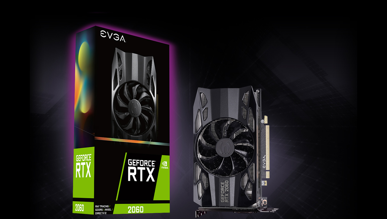The EVGA 06G-P4-2060-KR graphics card standing up next to it product box