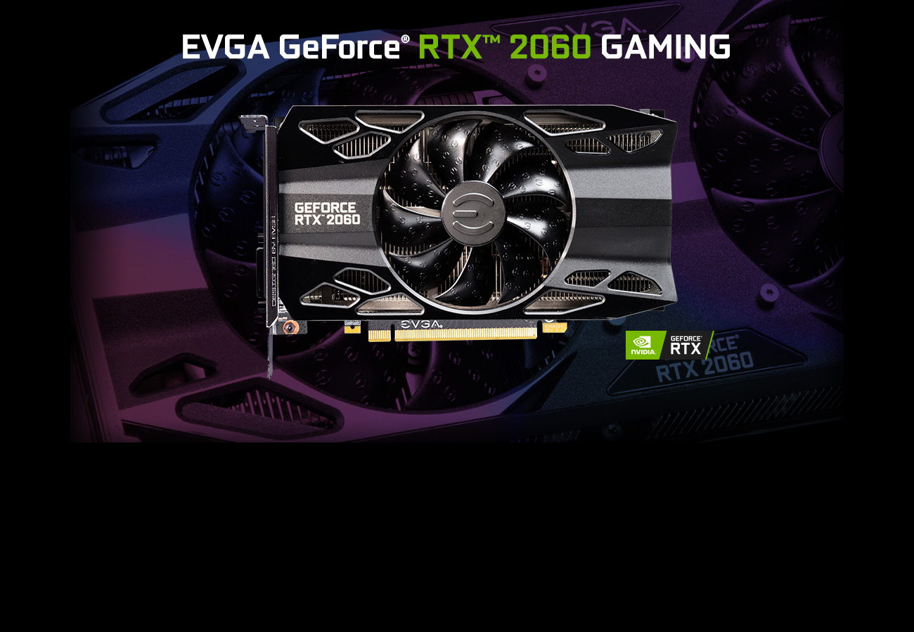 EVGA 06G-P4-2060-KR graphics card facing forward with text above that reads: EVGA GeForce RTX 2060 GAMING