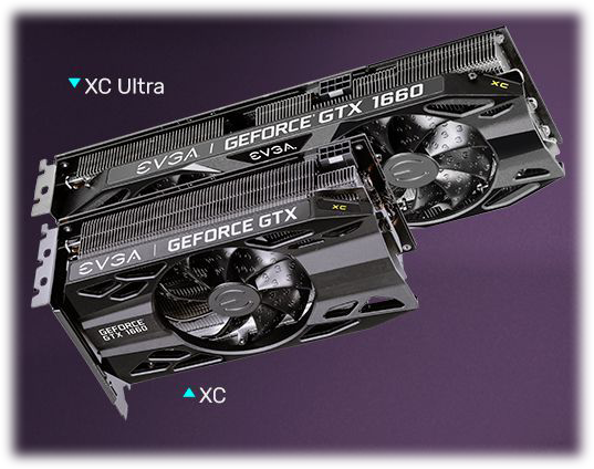 Two GTX 1660 graphics card stacked on one another facing down angled up to the right. The longer card on top is labeled XC ultra and the smaller card on bottom is labeled XC
