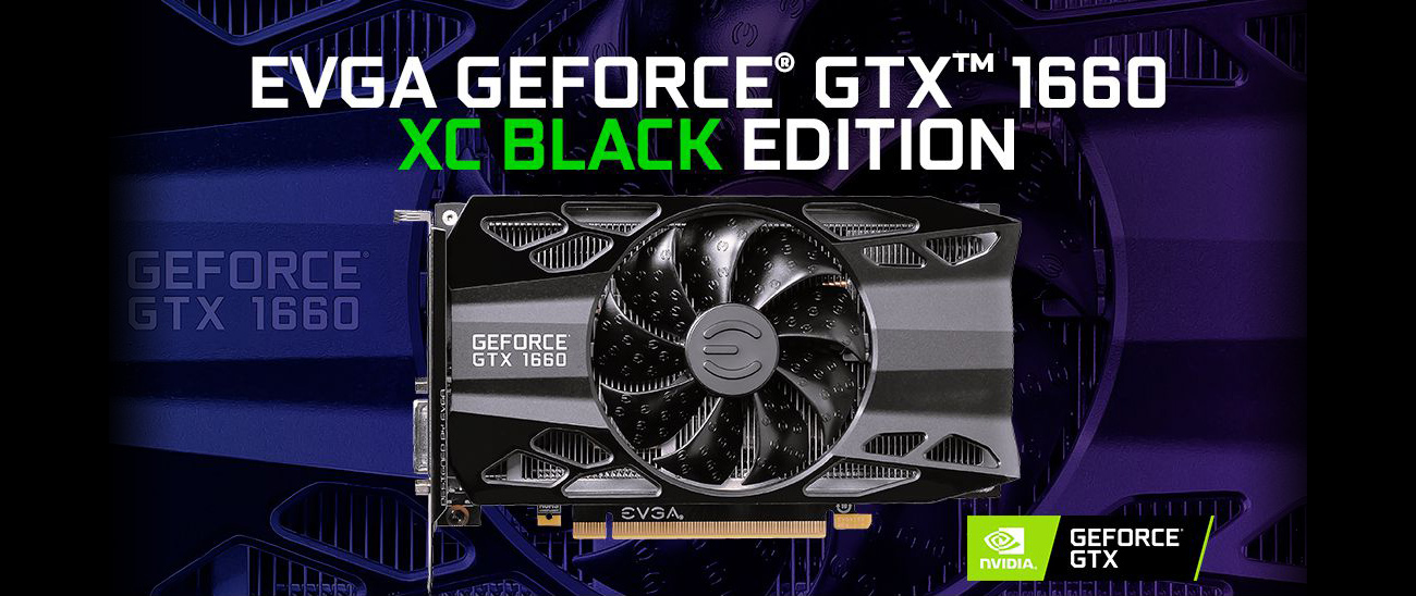EVGA GEFORCE GTX 1660 XC BLACK EDITION banner showing the 06G-P4-1161-KR graphics card facing forward along with the GeForce GTX badge in the bottom-right corner