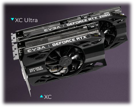 Two GTX 2060 graphics card stacked on one another facing down angled up to the right. The longer card on top is labeled XC ultra and the smaller card on bottom is labeled XC