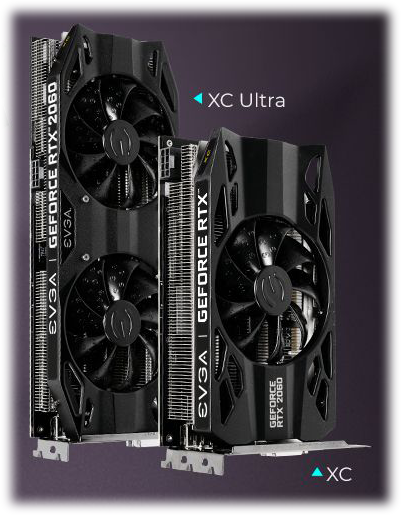 Two GTX 2060 cards standing up next to each other, tilted facing to the right. The longer card on the left is labeled XC Ultra and the smaller card on the right is labeled XC