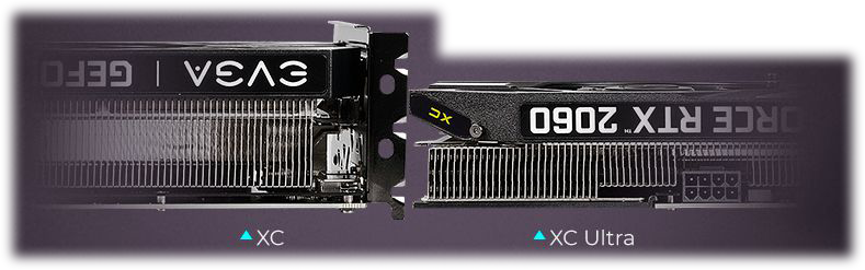 Closeup of two evga gtx 2060 cards lying down flat next to one another. The taller card on the left is labeled XC while the thinner card on the right is labeled XC Ultra