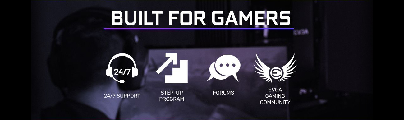 Text that reads: built for gamers. There is also text and graphics for 24/7 support, step-up program, forums and EVGA gaming community