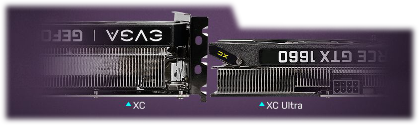 Side shot of the taller XC ultra size graphics card lying down next to the XC ultra size graphics card