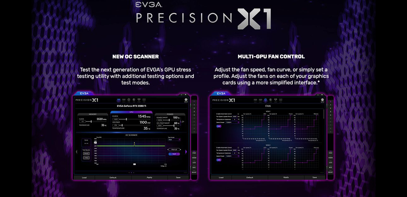 Two EVGA Precision X1 Software Windows, the first windows has text above that reads: NEW OC Scanner - Test the next generation of EVGA's GPU stress testing utility with additional testing options and test modes. Above the second window is text that reads: MULTI-GPU FAN CONTROL - Adjust the fan speed, fan curve, or simply set a profile. Adjust the fans on each of your graphics cards using a more simplified interface.