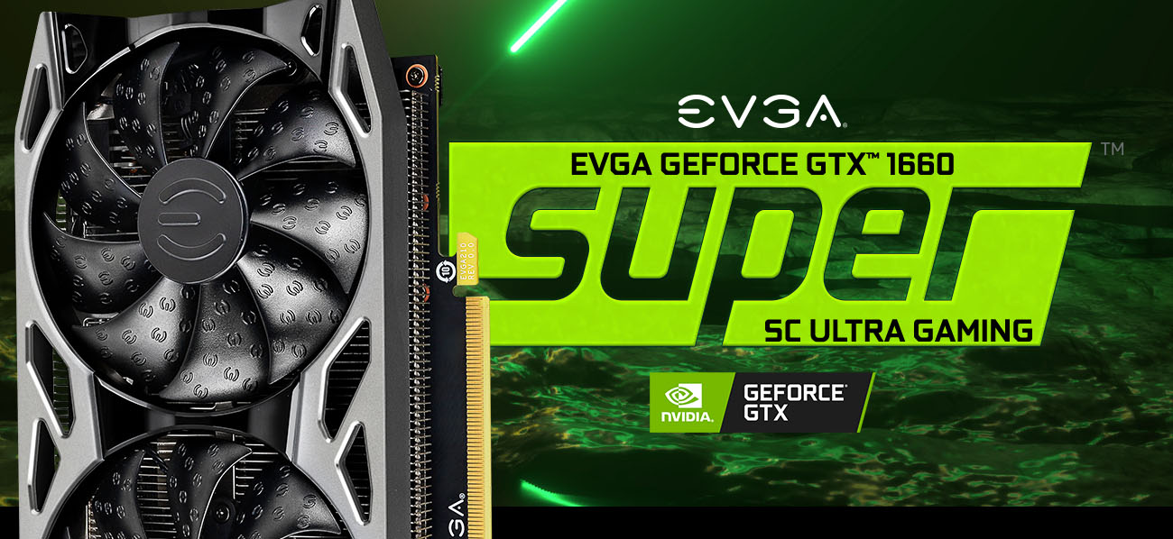 GeForce GTX 1660 SUPER graphics cards stand in a green background and evga logo on the right of it