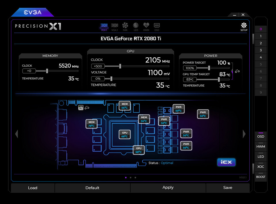 An interface of EVGA Precision X1 software