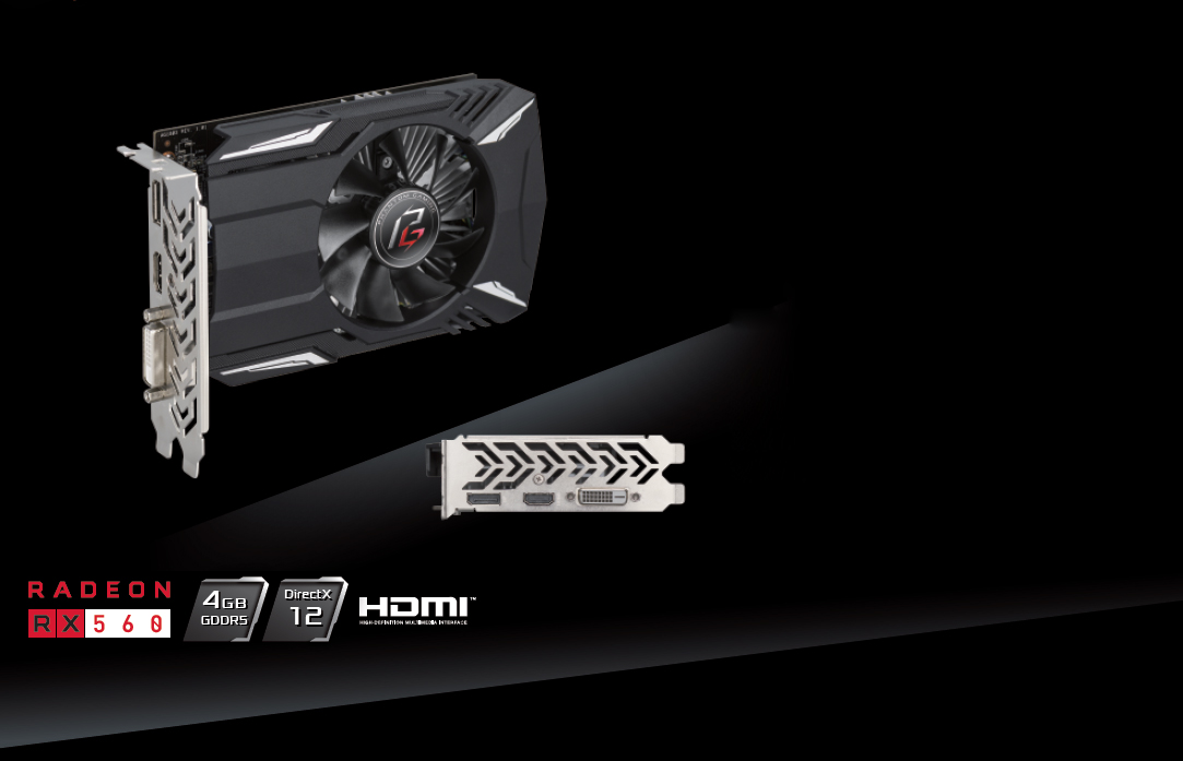 ASRock Radeon 560 Graphics Card Images along with badges for RADEON 560, 4GB GDDR5, DirectX 12 and HDMI