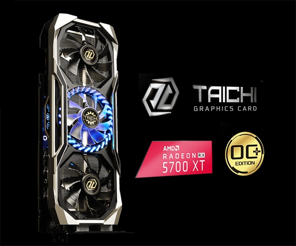 A graphics card is placed vertically on the left which has three fans. The right are icon and text for TAICHI graphics card, icon for RADEON 5700XT, and icon for OC+ edition.