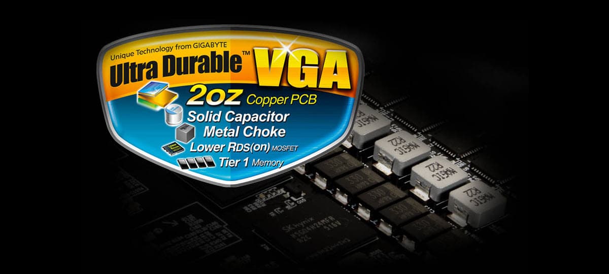 Unique Technology from GIGABYTE Ultra Durable VGA 2oz Copper PCB Solid Capacitor Metal Choke Lower RDS(on) MOSFET and Tier 1 Memory